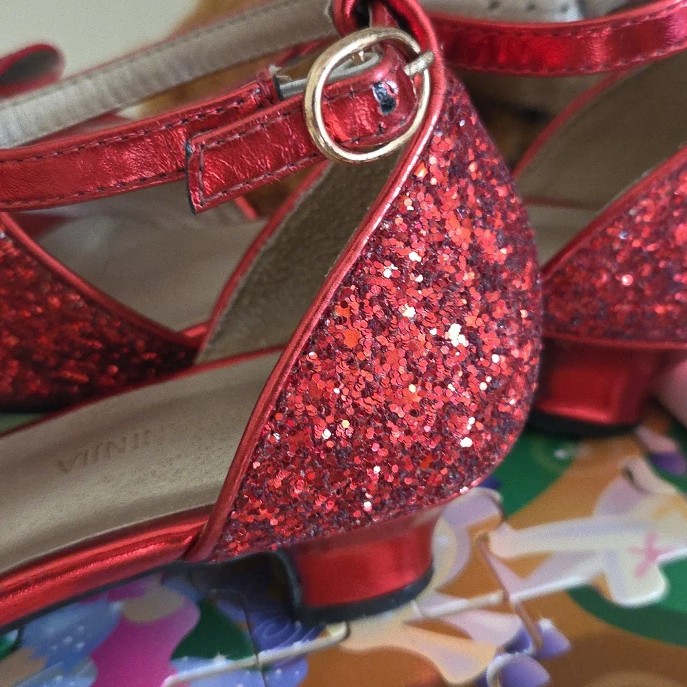 SOBOYO Red Glitter Girl's Fun Strappy Holiday Sandals With A Low Heal Bow In Red